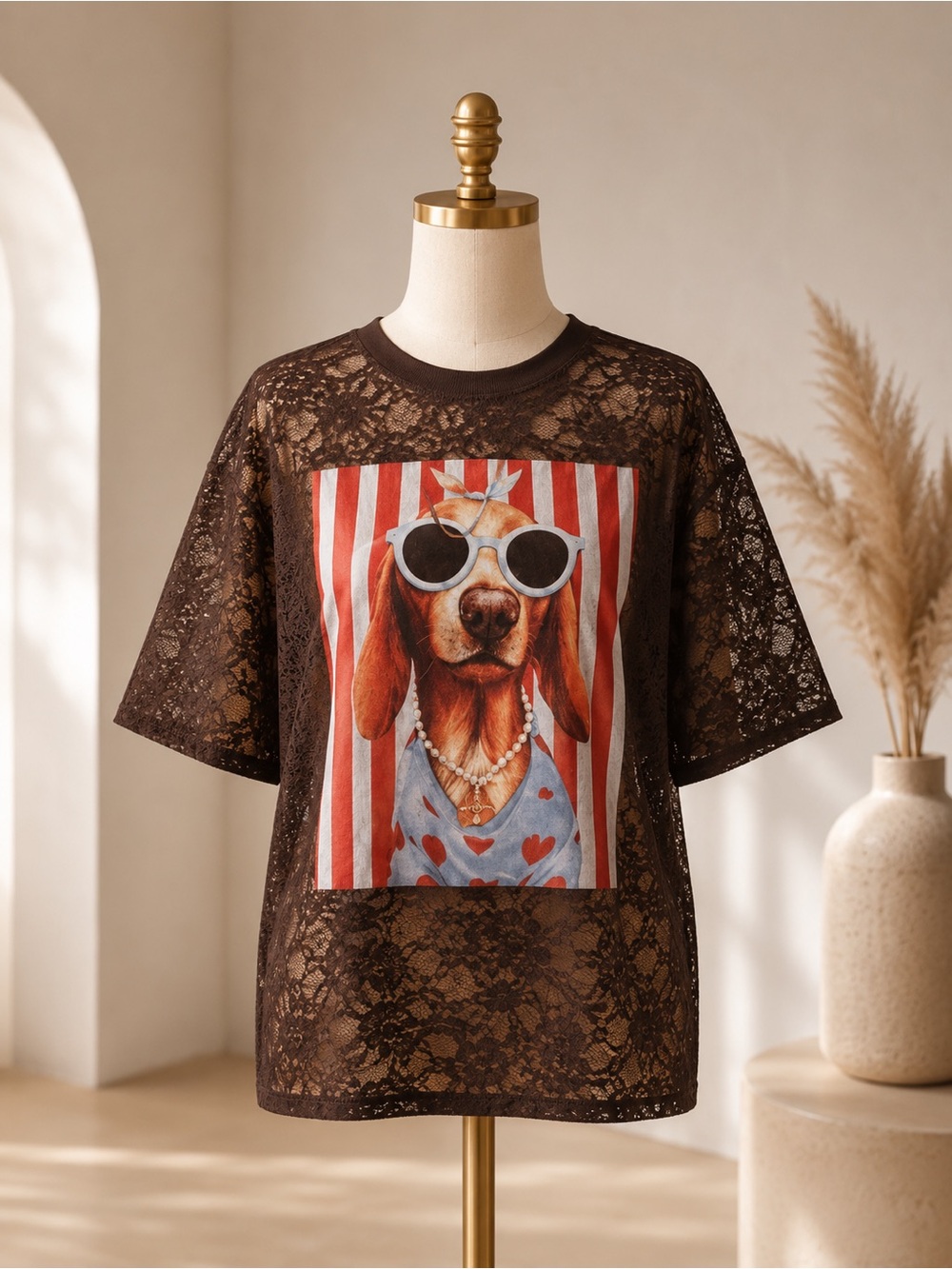 Brown Lace Short-Sleeve Blouse with Dog Graphic